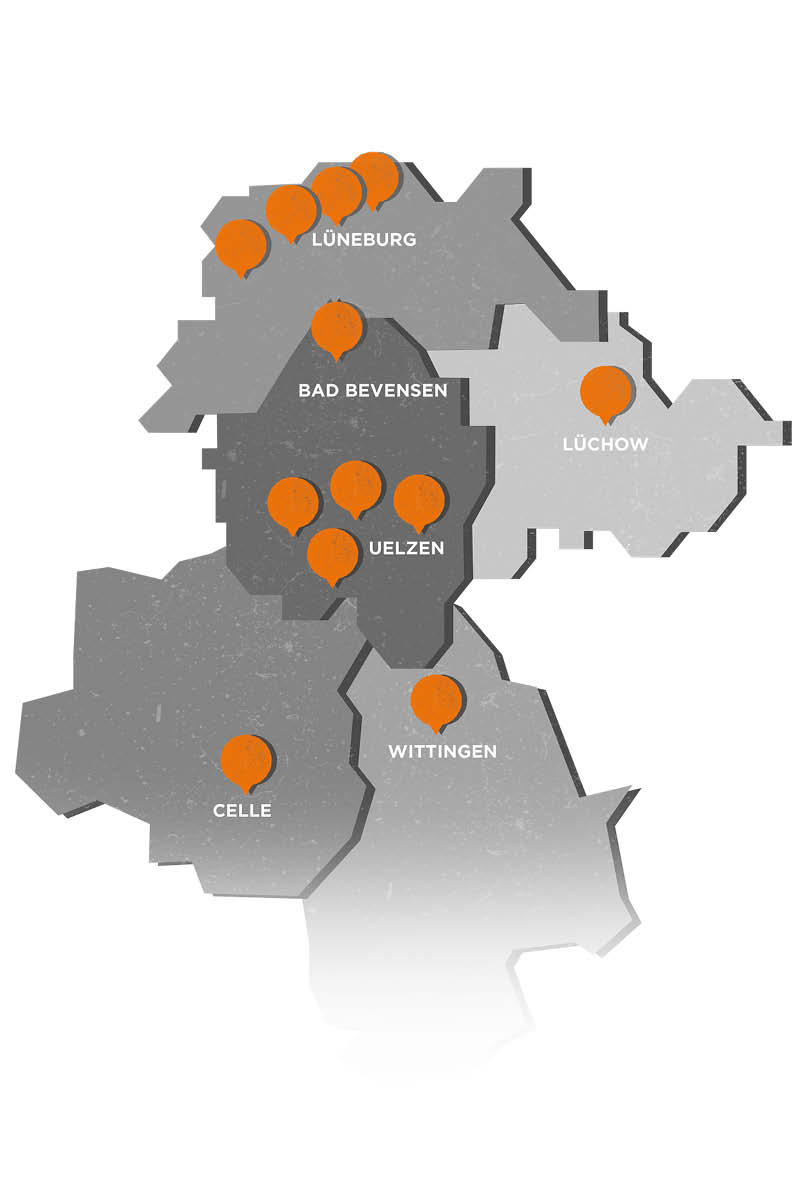 Karte von Niedersachsen mit den Standorten der MAZ-Gruppe